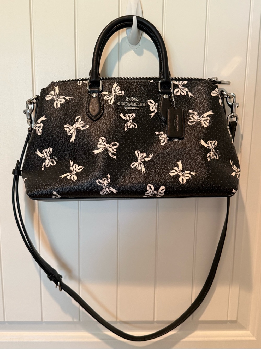 Coach Black Satchel with White Bow Print and Removable Strap
